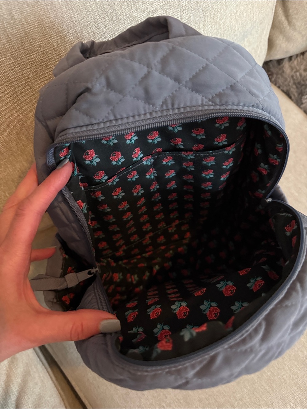 Vera Bradley Quilted Gray Backpack with Front Zip Pocket - Picture 4 of 7